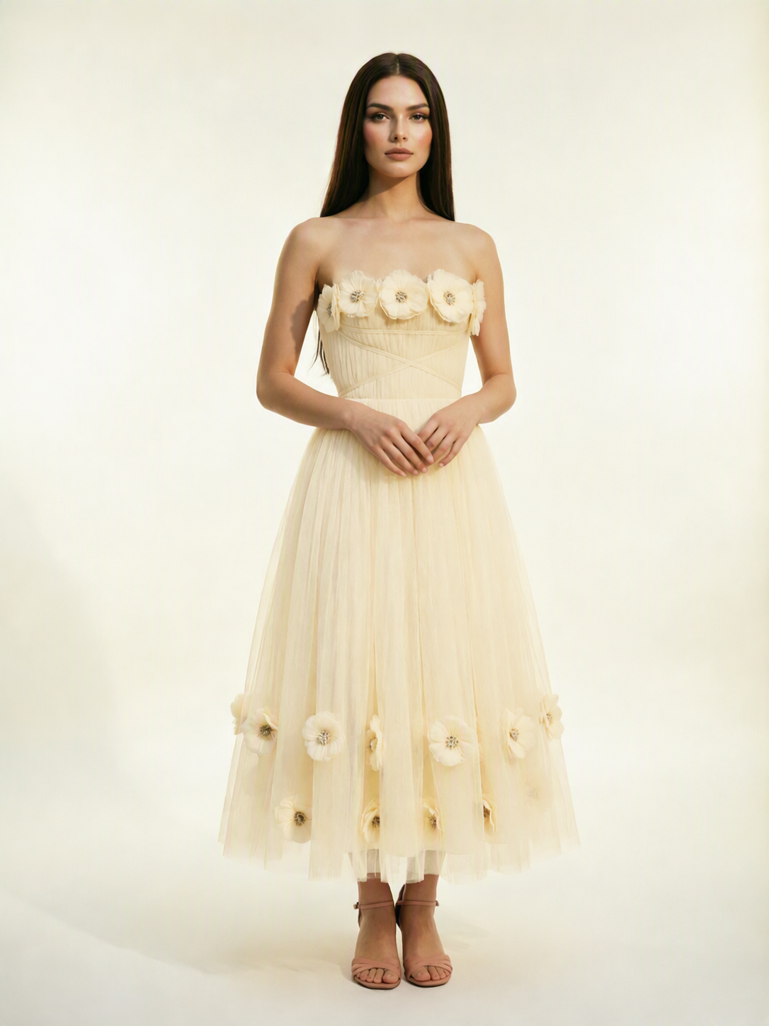 Strapless Tulle Midi Dress with 3D Floral Appliqués, Lace-Up Corset Back