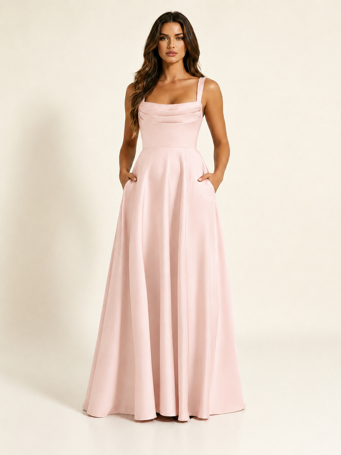Satin Draped Cowl Square Neck A-Line Maxi Bridesmaid Dress