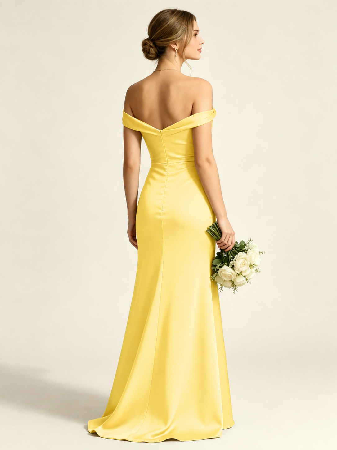 Satin Mermaid Bridesmaid Maxi Dress, Asymmetrical Off Shoulder Ruched Waist Open Back