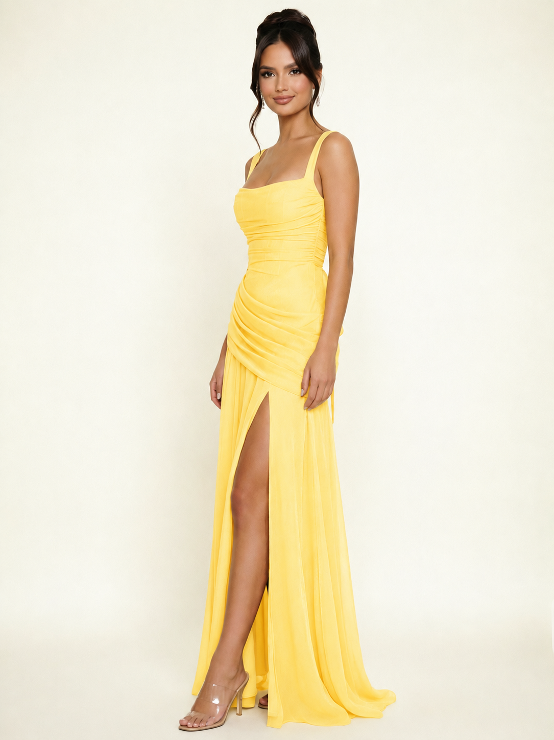 Adjustable Strap Shiny Draped Formal Maxi Dress with Corset Lace Up Back