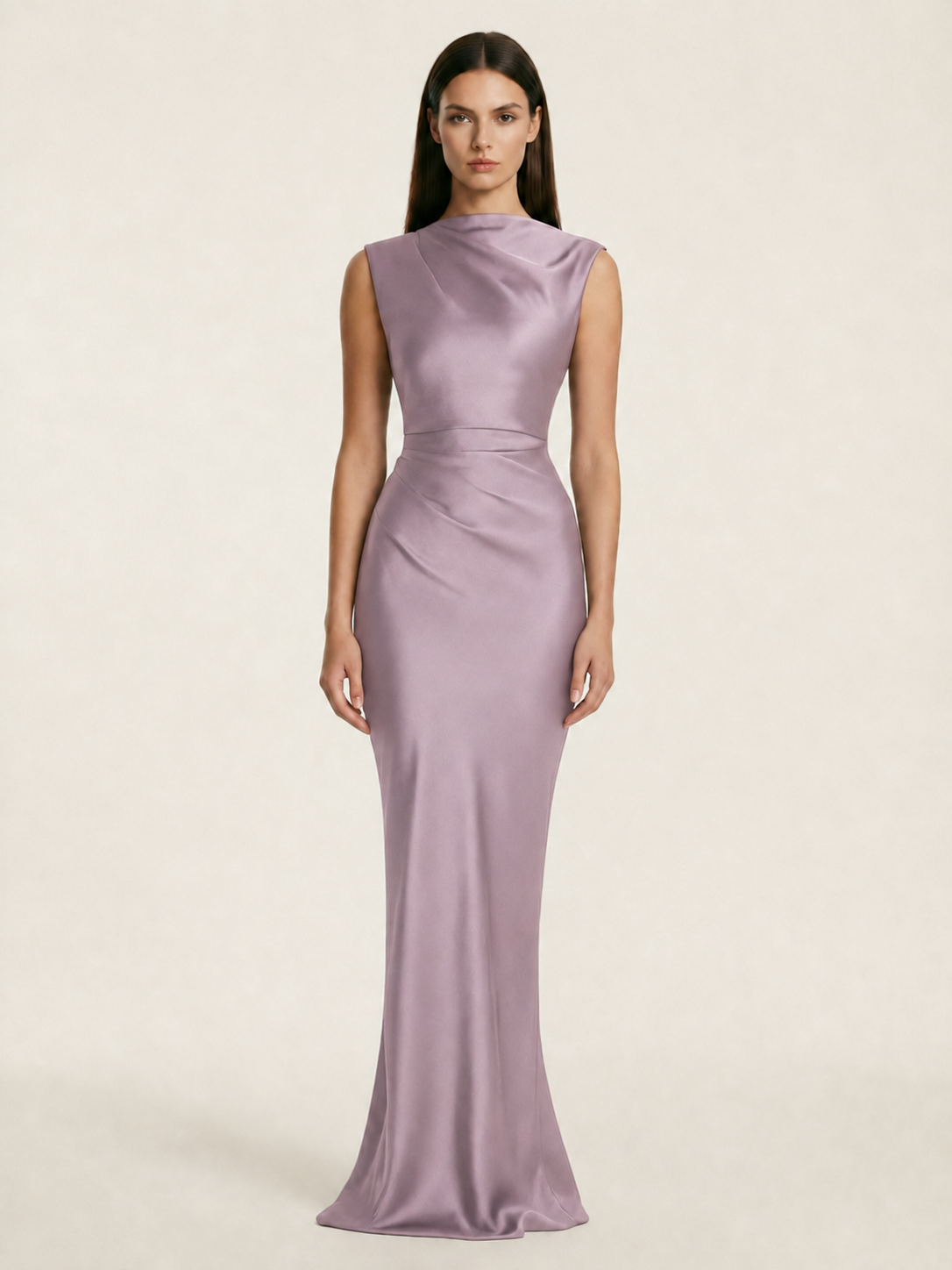 Sleeveless Draped Satin Mermaid Cutout Back Formal Dress