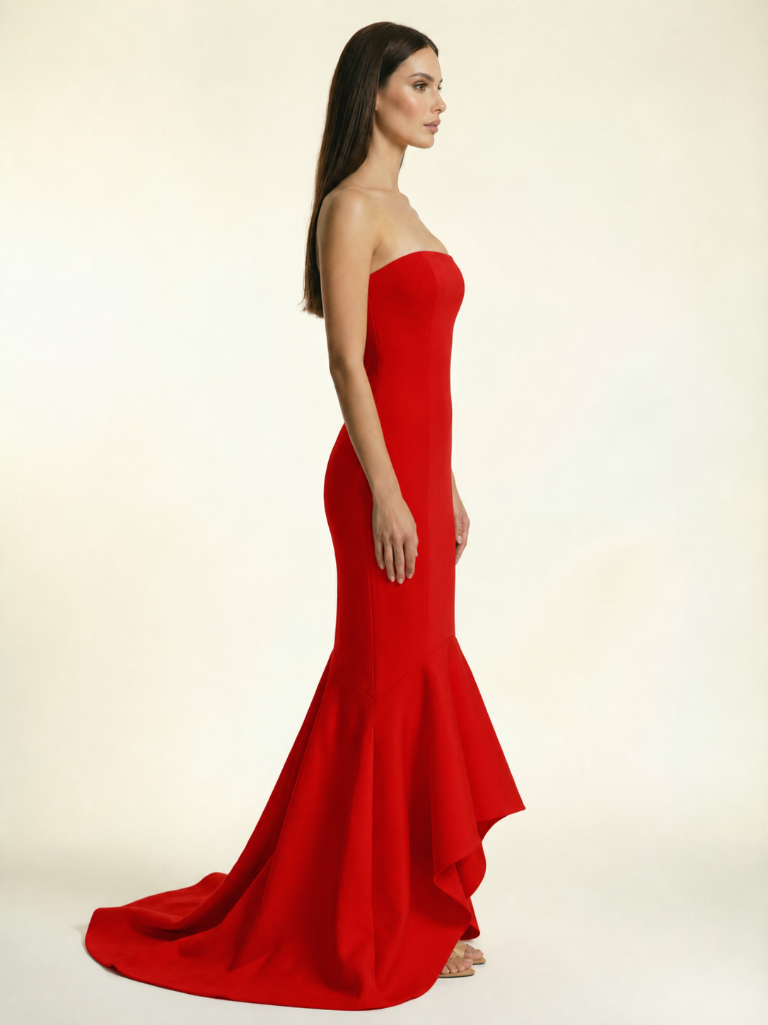 Strapless Satin Mermaid Dress With Ruffled Train & Lace-Up Back