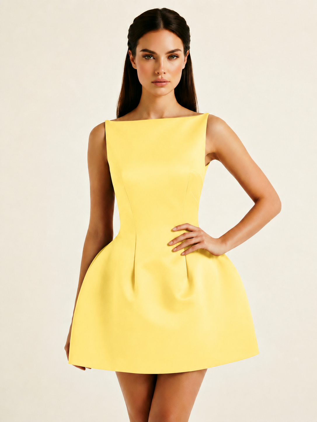 Satin Boat Neck Open Back Fit & Flare Mini Dress