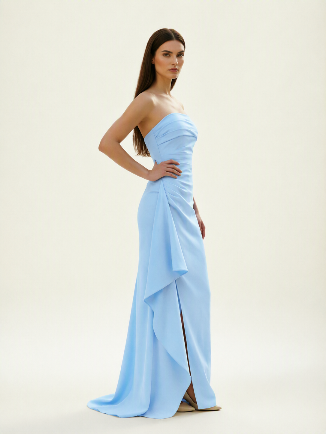 Strapless Mermaid Formal Gown with Side Slit & Draped Detail
