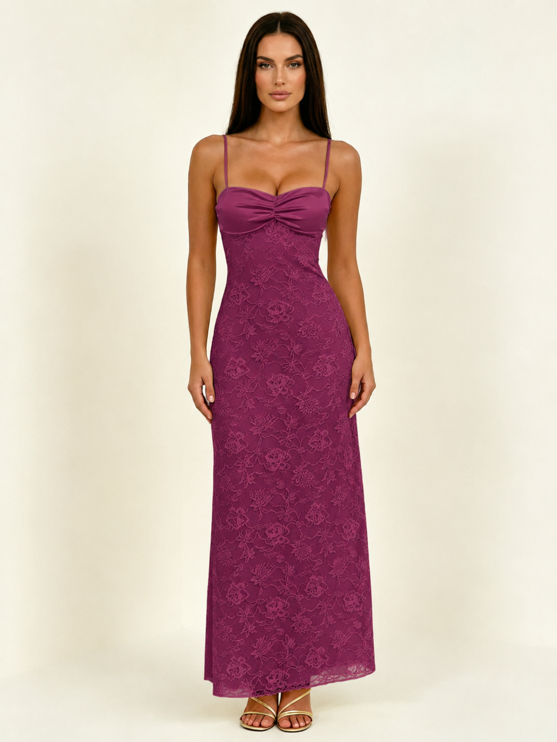 Satin Bust Lace Midi Maxi Dress, Spaghetti Strap Cross Lace Up Back Bridesmaid Dress