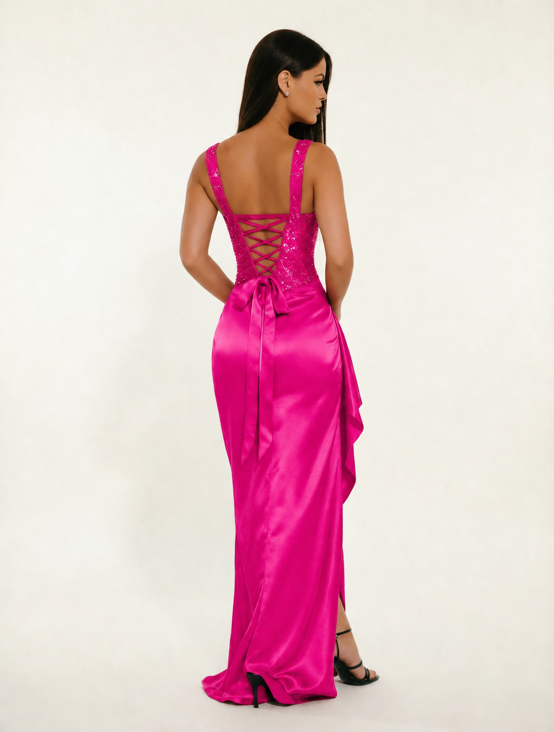 Sequin Corset Satin High Slit Formal Maxi Dress