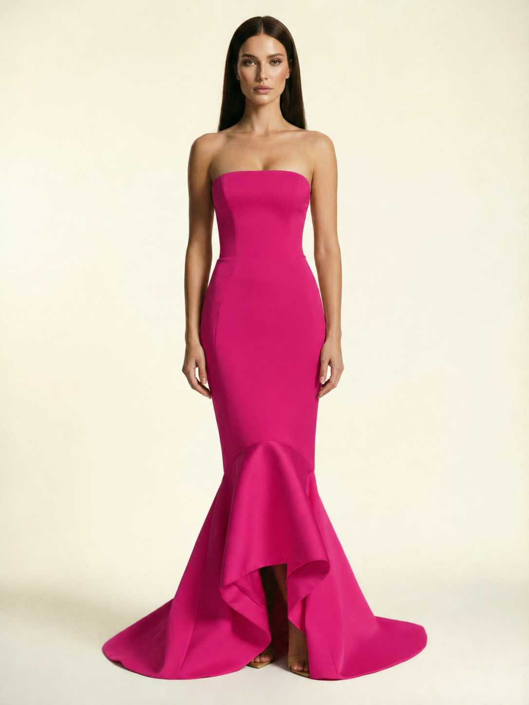 Strapless Satin Mermaid Dress With Ruffled Train & Lace-Up Back