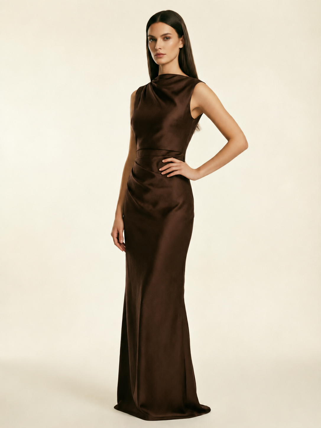 Sleeveless Draped Satin Mermaid Cutout Back Formal Dress