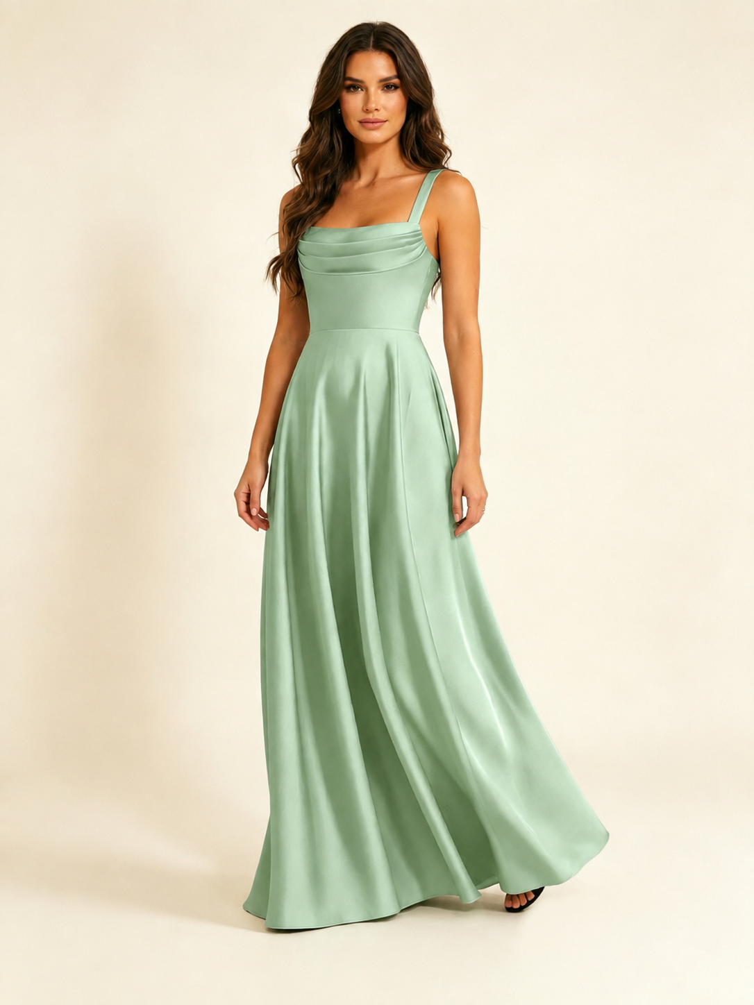 Satin Draped Cowl Square Neck A-Line Maxi Bridesmaid Dress