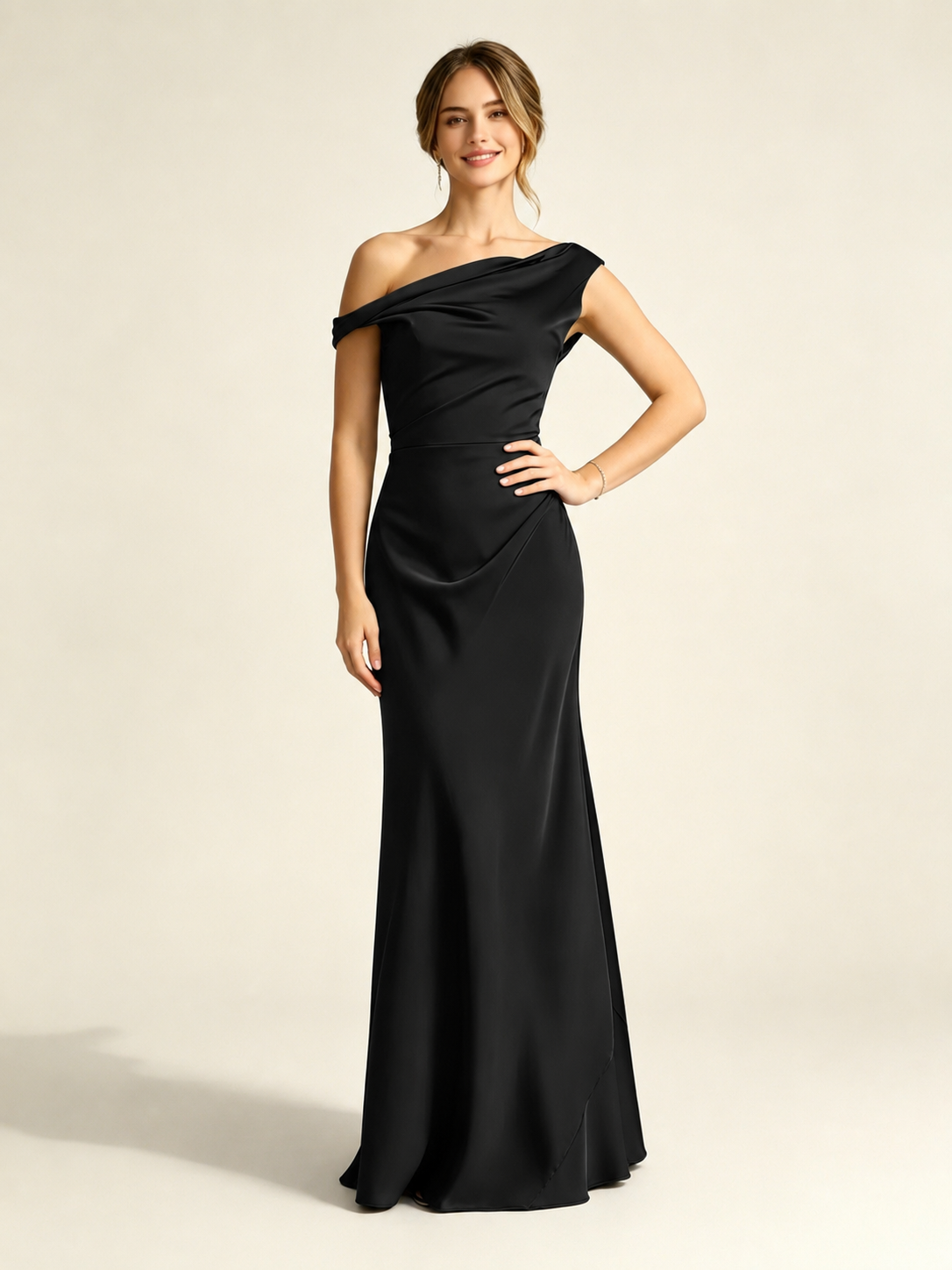 Satin Mermaid Bridesmaid Maxi Dress, Asymmetrical Off Shoulder Ruched Waist Open Back