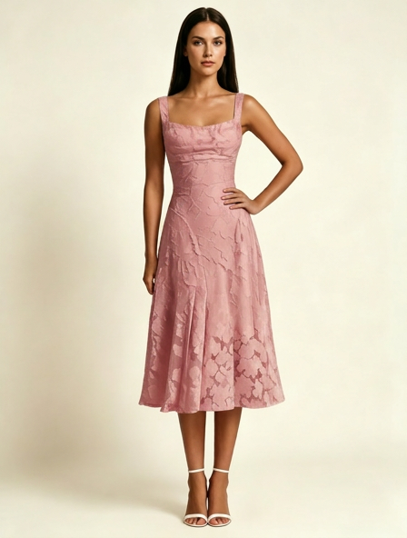 3D Floral Jacquard Square Neck Midi Dress
