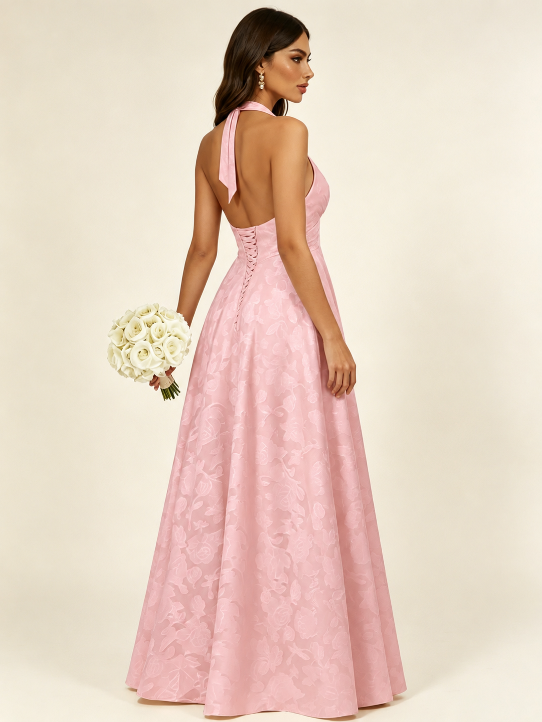Floral Jacquard Halter Deep V A-Line Maxi Dress Backless Lace-Up Corset Bridesmaid Dress