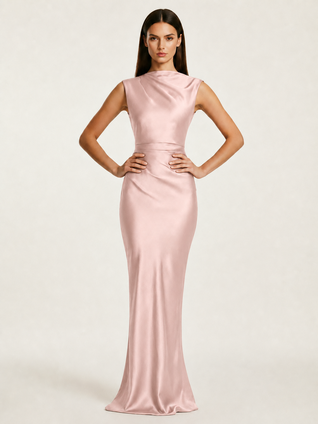Sleeveless Draped Satin Mermaid Cutout Back Formal Dress