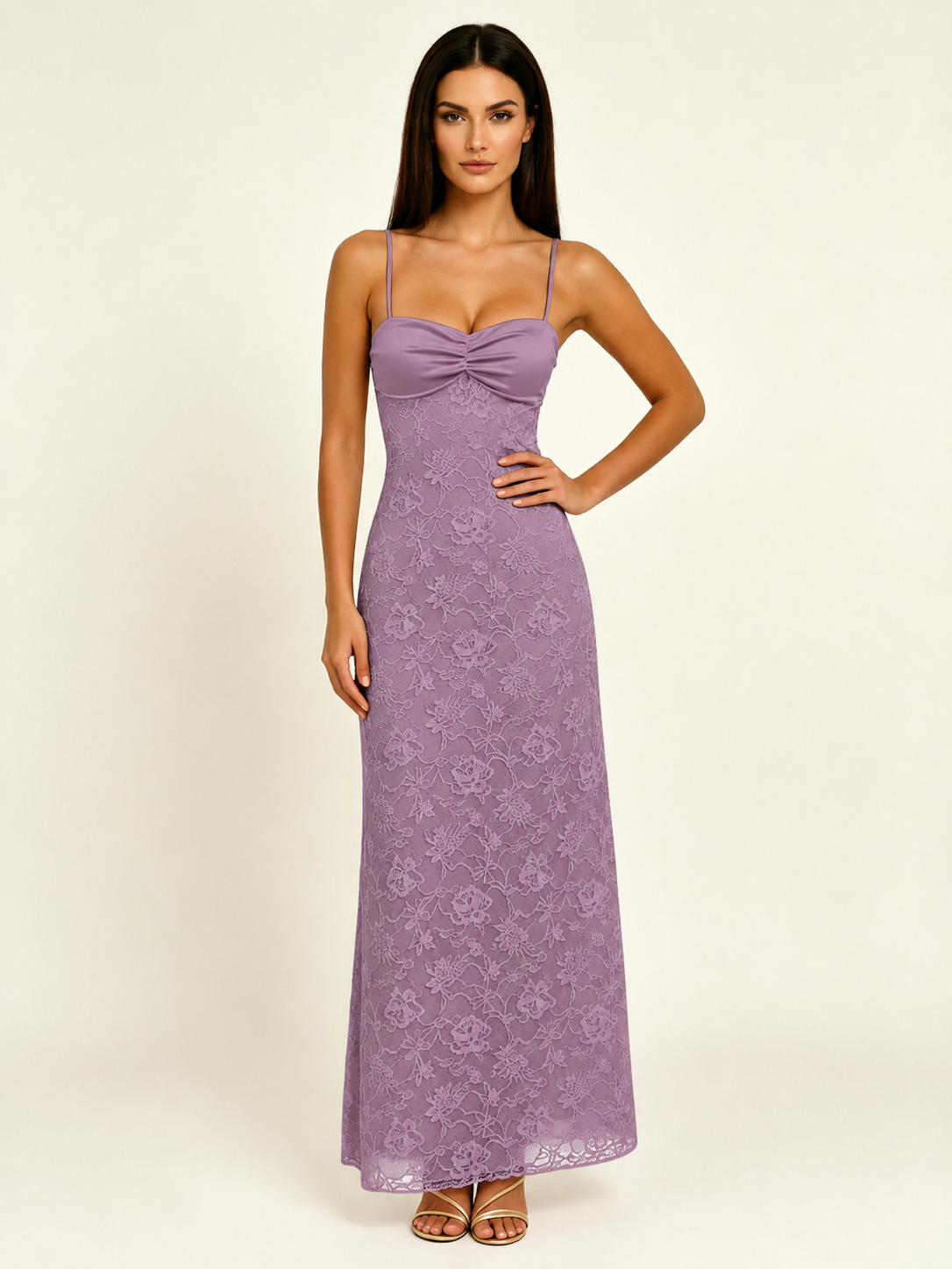 Satin Bust Lace Midi Maxi Dress, Spaghetti Strap Cross Lace Up Back Bridesmaid Dress