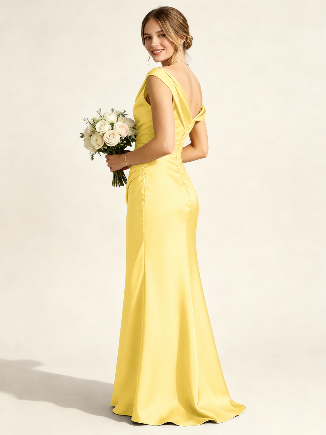 Satin Mermaid Bridesmaid Maxi Dress, Asymmetrical Off Shoulder Ruched Waist Open Back