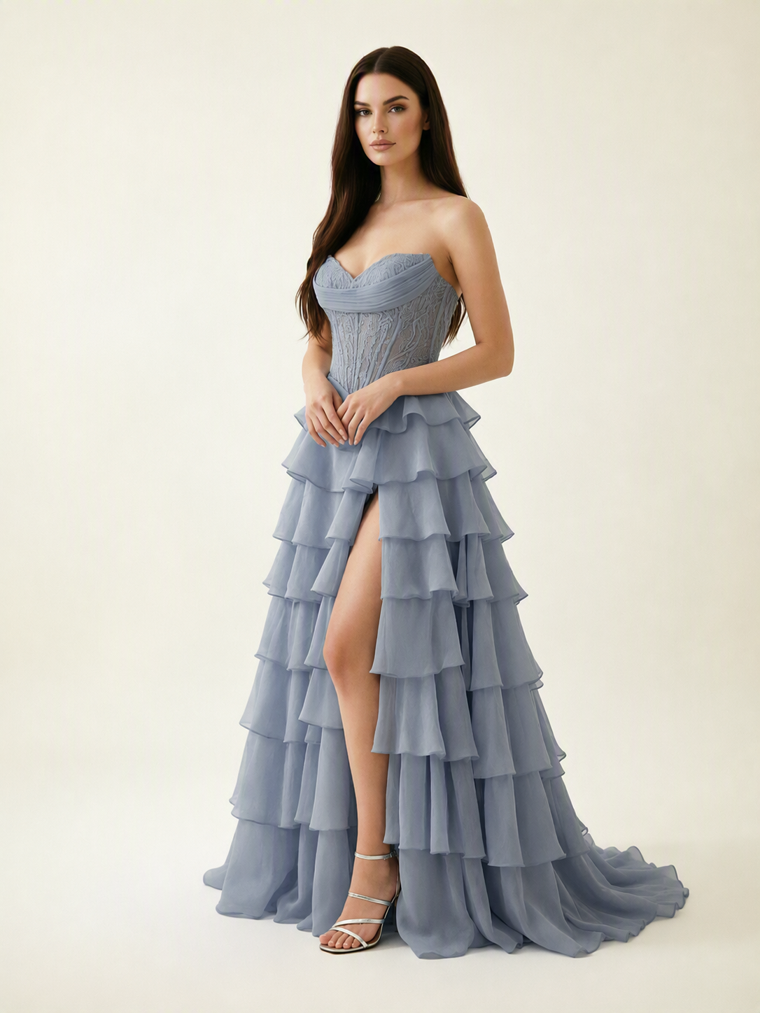Strapless Lace Corset Tiered High Slit Prom Dress