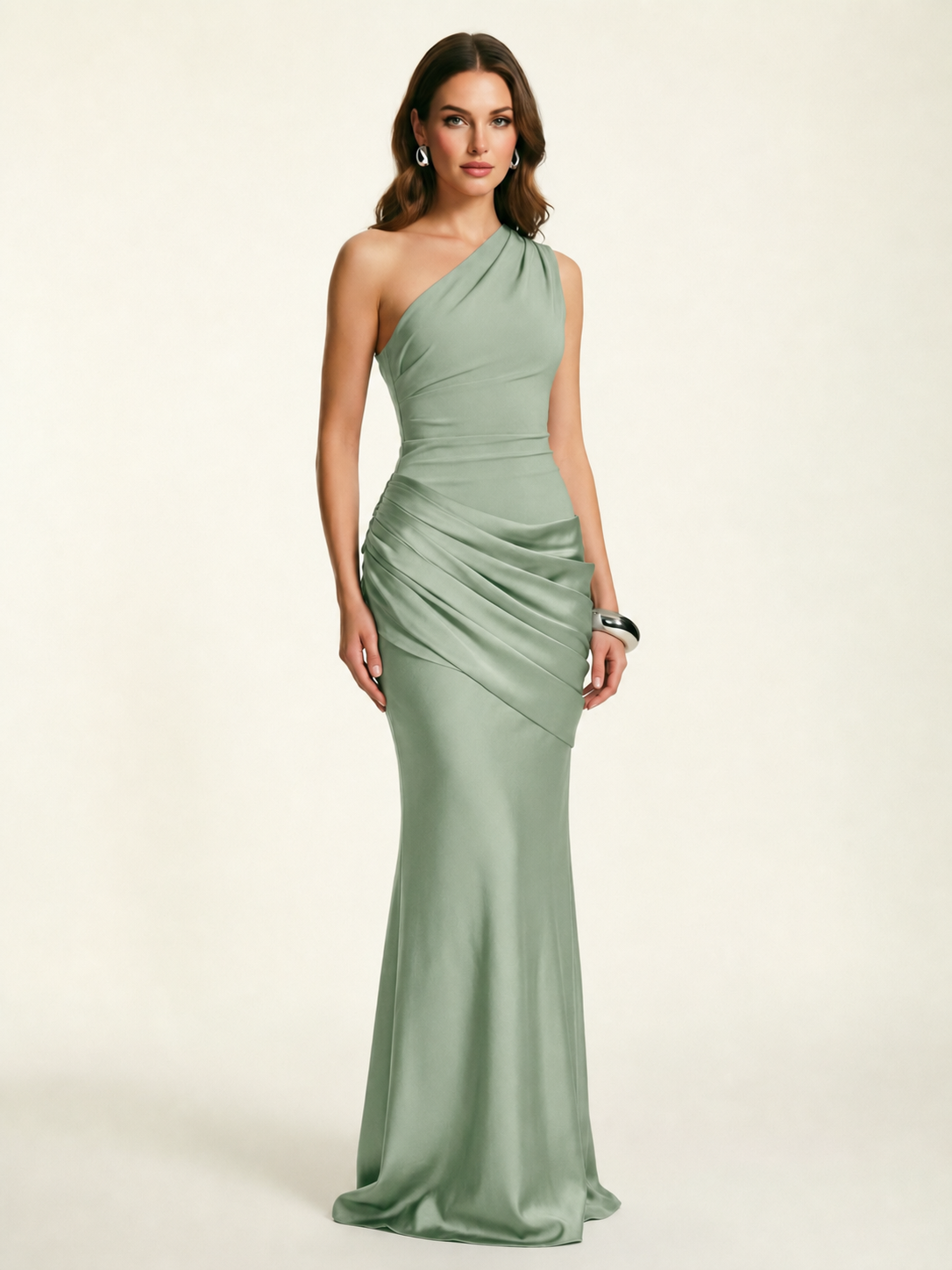 Single-shoulder satin floor-length evening dress