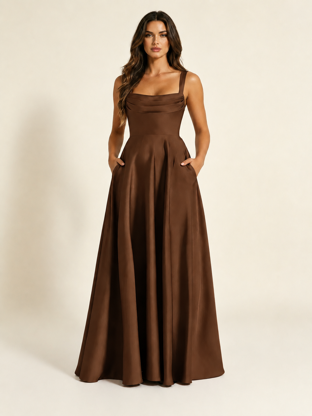 Satin Draped Cowl Square Neck A-Line Maxi Bridesmaid Dress