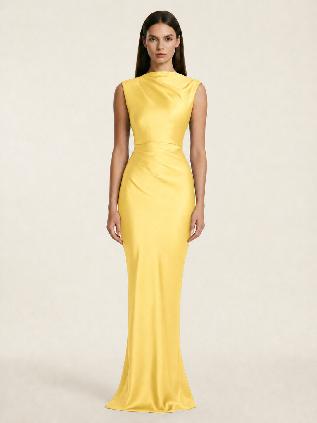 Sleeveless Draped Satin Mermaid Cutout Back Formal Dress