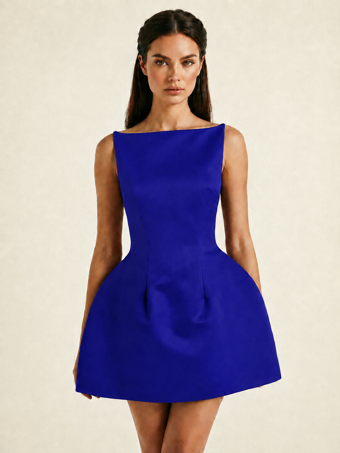 Satin Boat Neck Open Back Fit & Flare Mini Dress