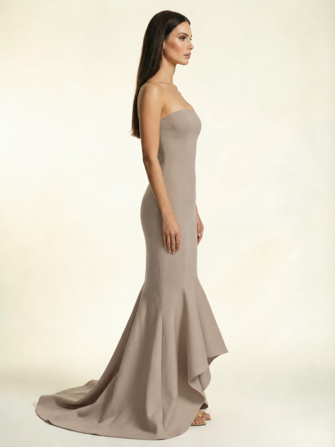 Strapless Satin Mermaid Dress With Ruffled Train & Lace-Up Back