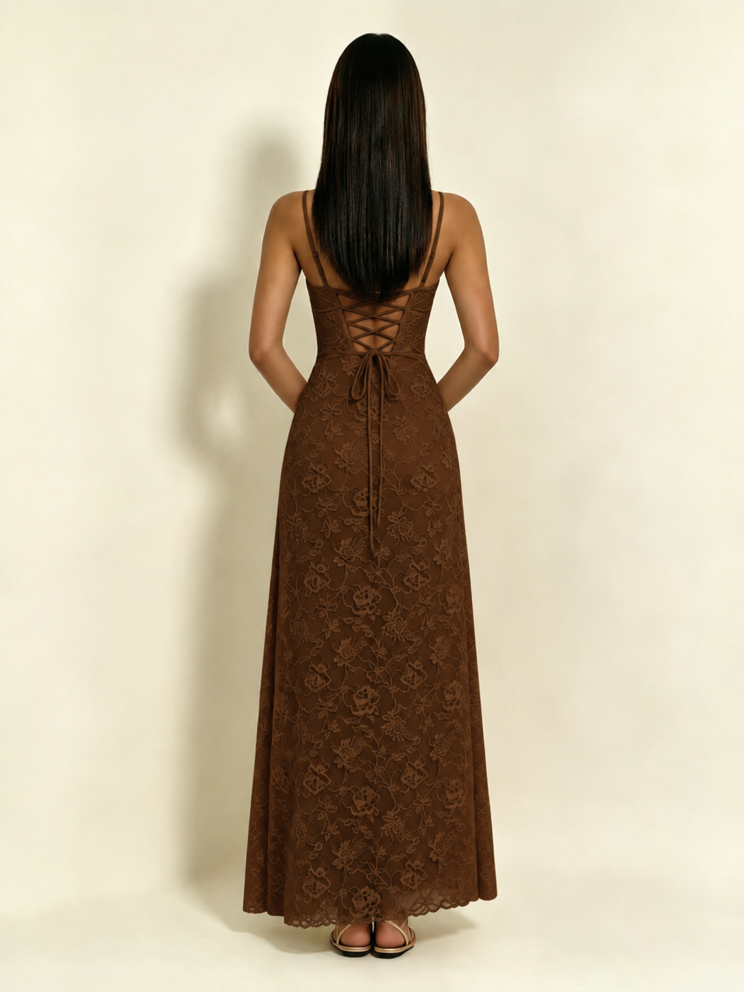 Satin Bust Lace Midi Maxi Dress, Spaghetti Strap Cross Lace Up Back Bridesmaid Dress