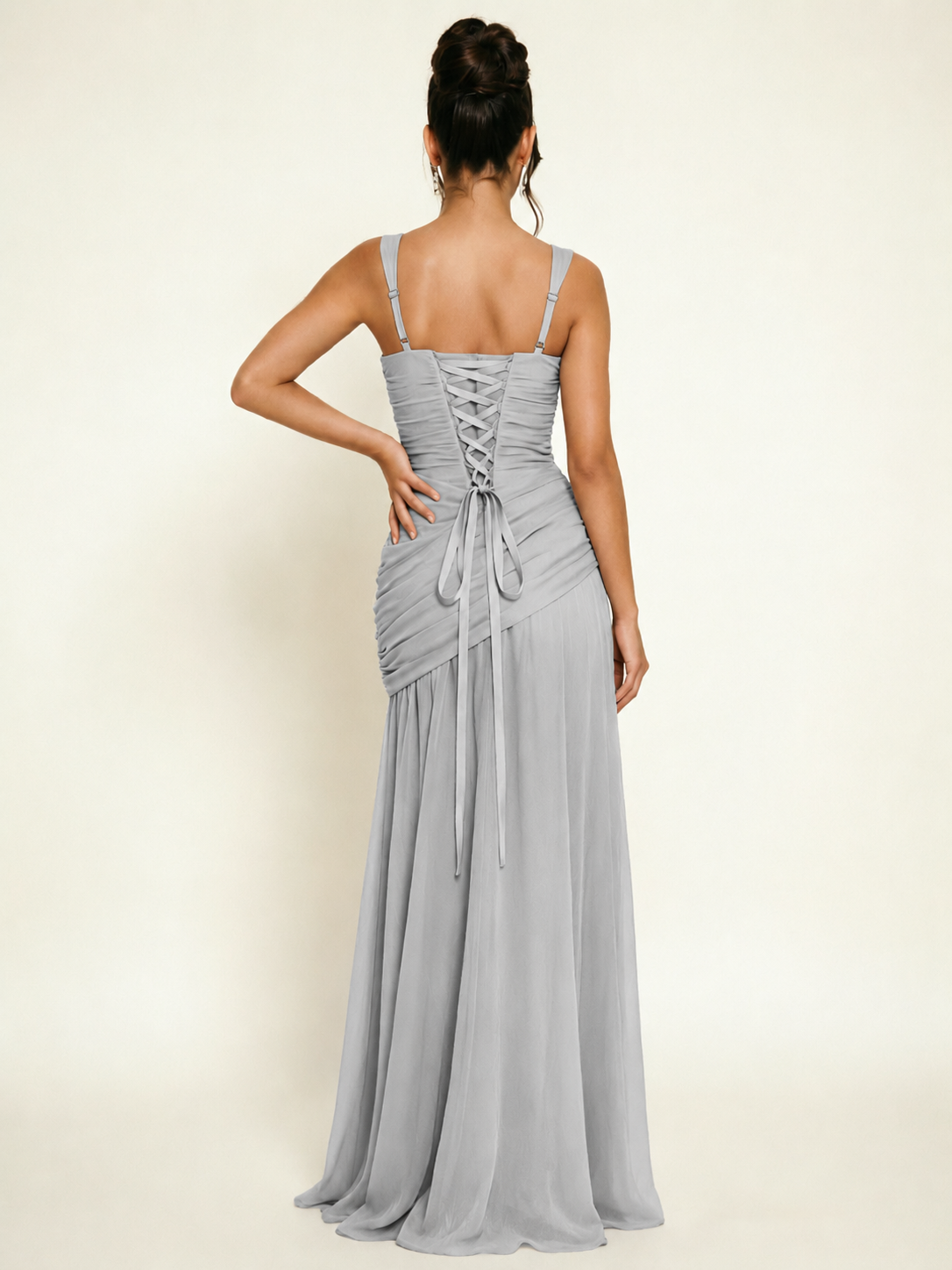 Adjustable Strap Shiny Draped Formal Maxi Dress with Corset Lace Up Back