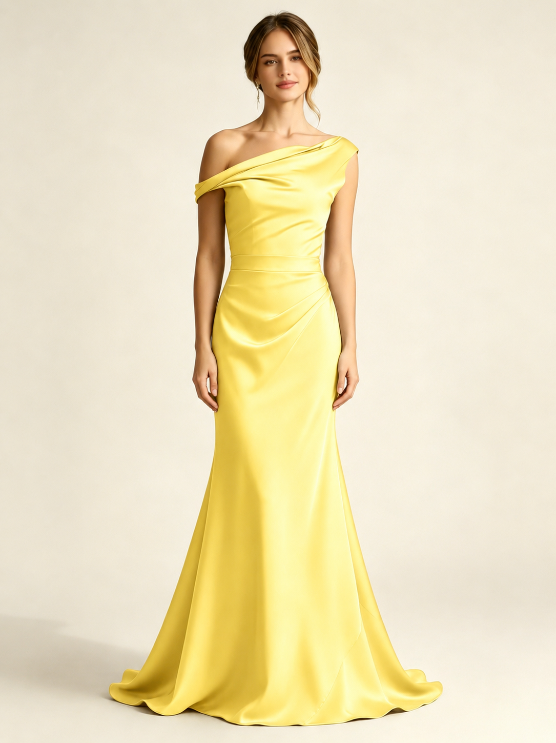 Satin Mermaid Bridesmaid Maxi Dress, Asymmetrical Off Shoulder Ruched Waist Open Back