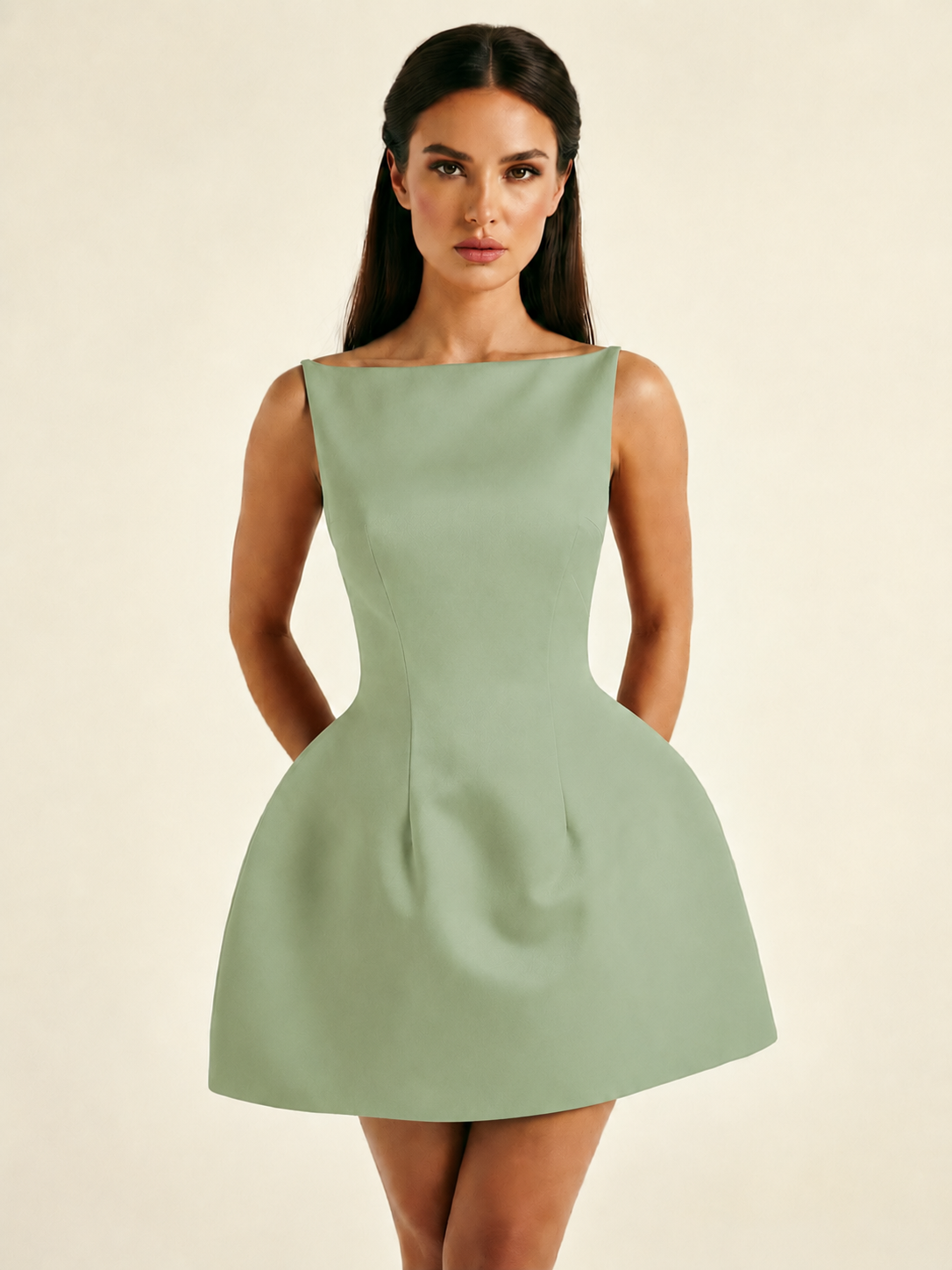 Satin Boat Neck Open Back Fit & Flare Mini Dress