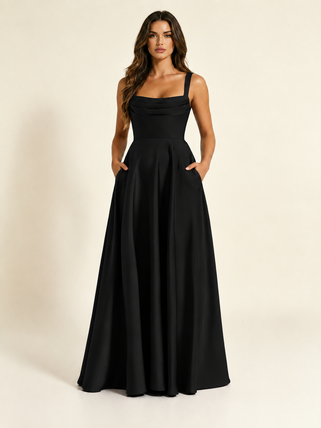 Satin Draped Cowl Square Neck A-Line Maxi Bridesmaid Dress