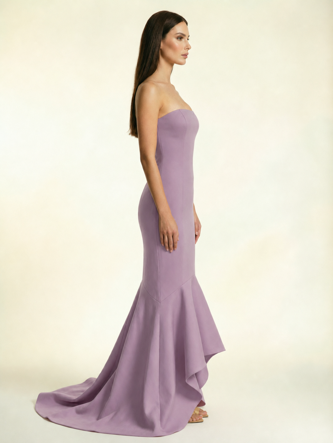 Strapless Satin Mermaid Dress With Ruffled Train & Lace-Up Back