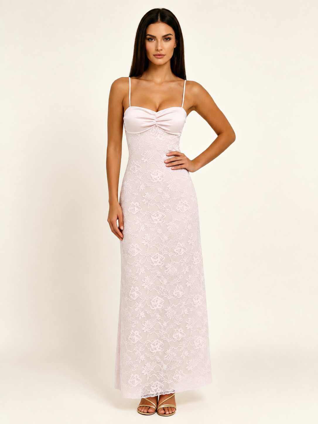Satin Bust Lace Midi Maxi Dress, Spaghetti Strap Cross Lace Up Back Bridesmaid Dress