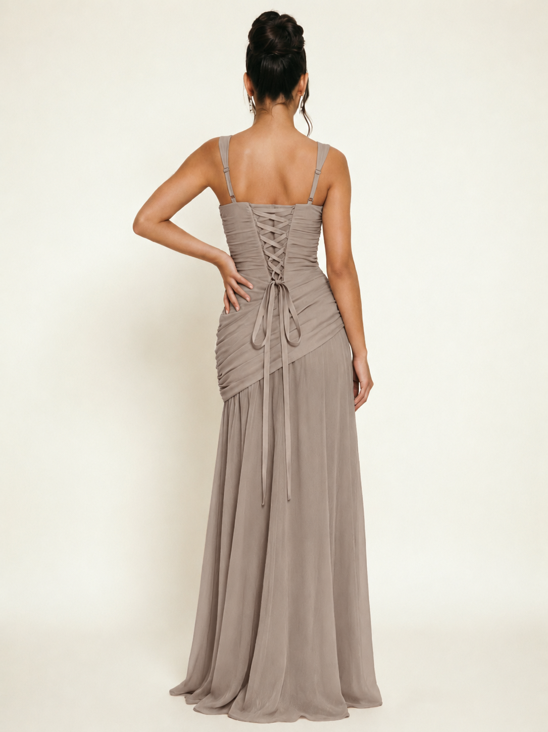 Adjustable Strap Shiny Draped Formal Maxi Dress with Corset Lace Up Back