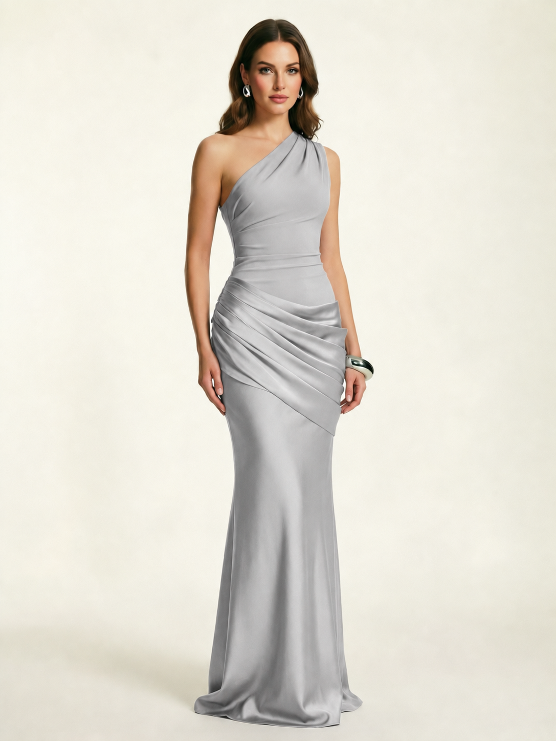 Single-shoulder satin floor-length evening dress