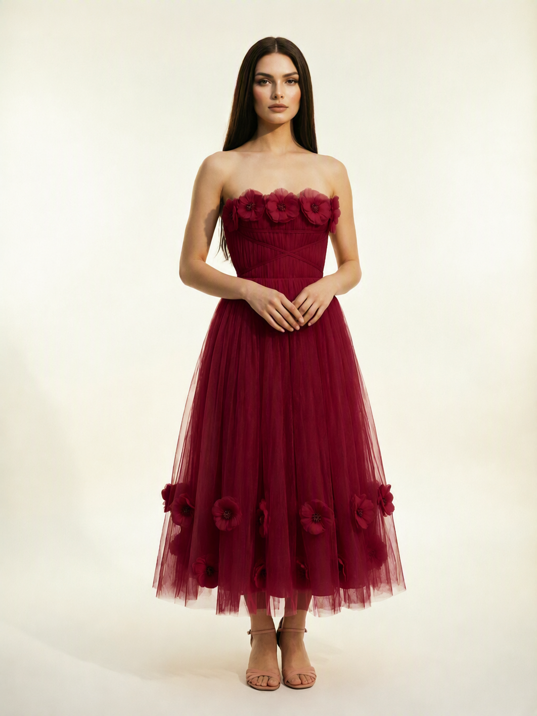Strapless Tulle Midi Dress with 3D Floral Appliqués, Lace-Up Corset Back