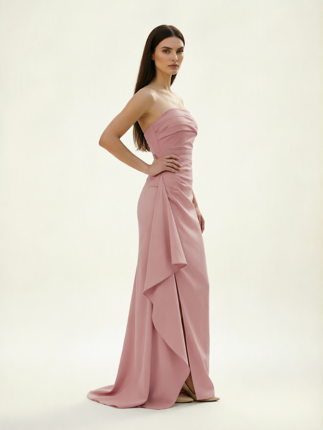 Strapless Mermaid Formal Gown with Side Slit & Draped Detail