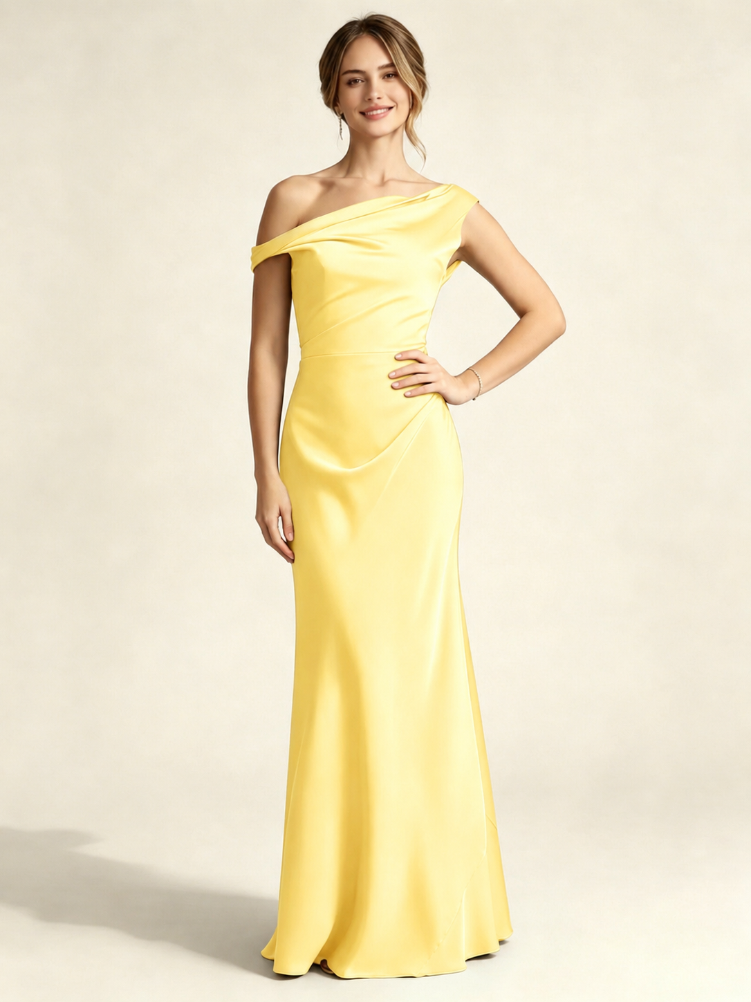 Satin Mermaid Bridesmaid Maxi Dress, Asymmetrical Off Shoulder Ruched Waist Open Back