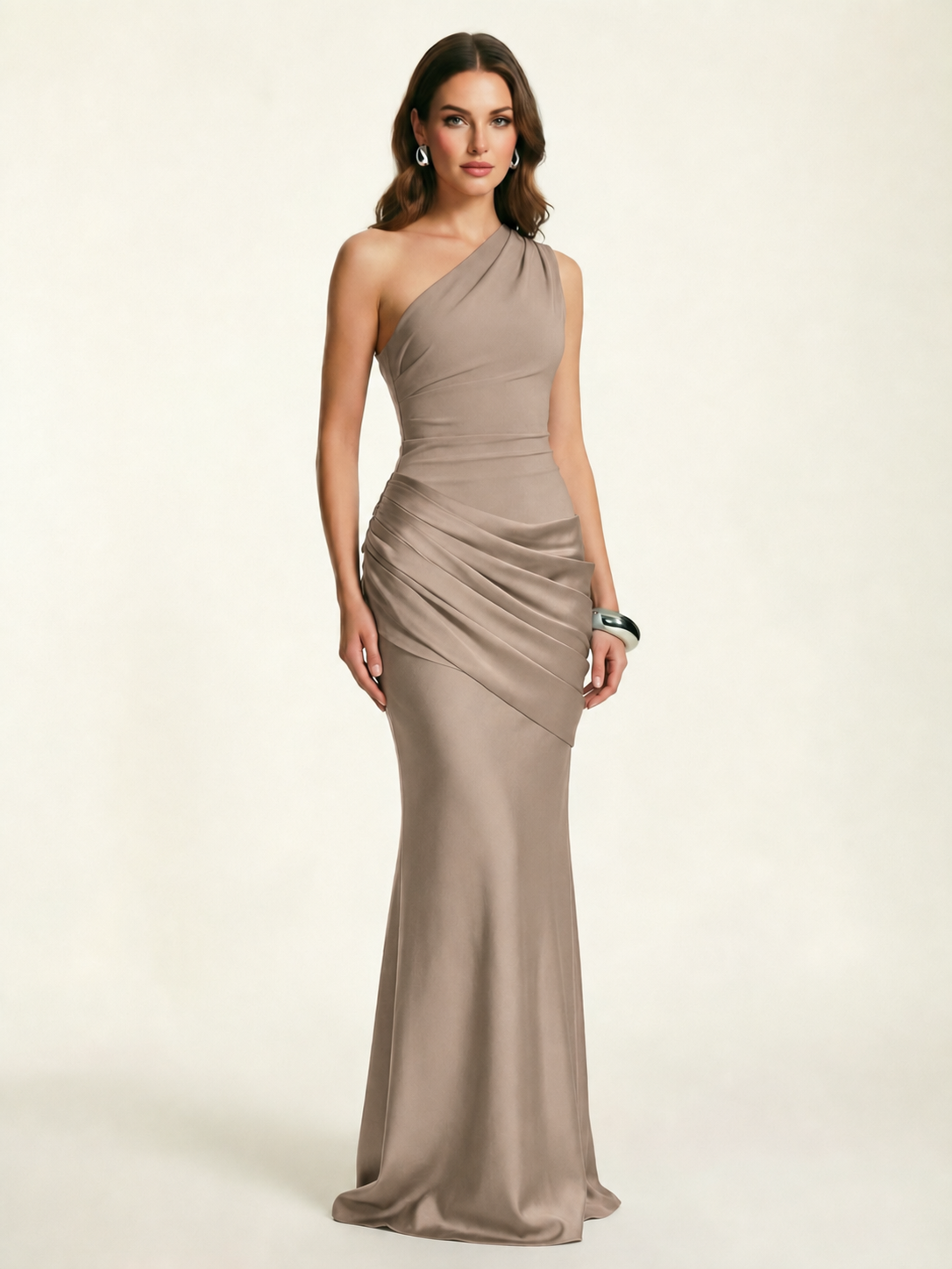 Single-shoulder satin floor-length evening dress