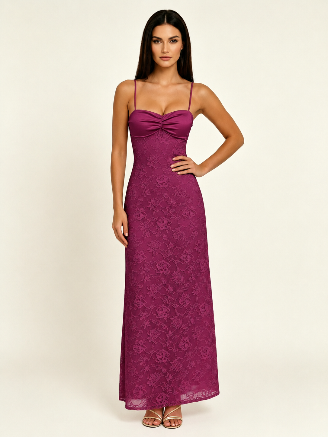 Satin Bust Lace Midi Maxi Dress, Spaghetti Strap Cross Lace Up Back Bridesmaid Dress