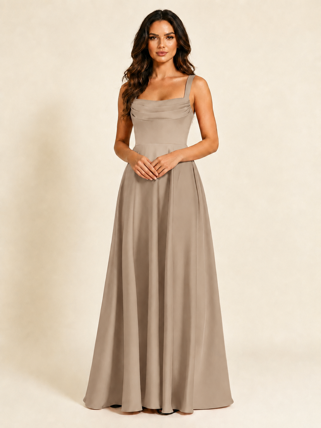 Satin Draped Cowl Square Neck A-Line Maxi Bridesmaid Dress