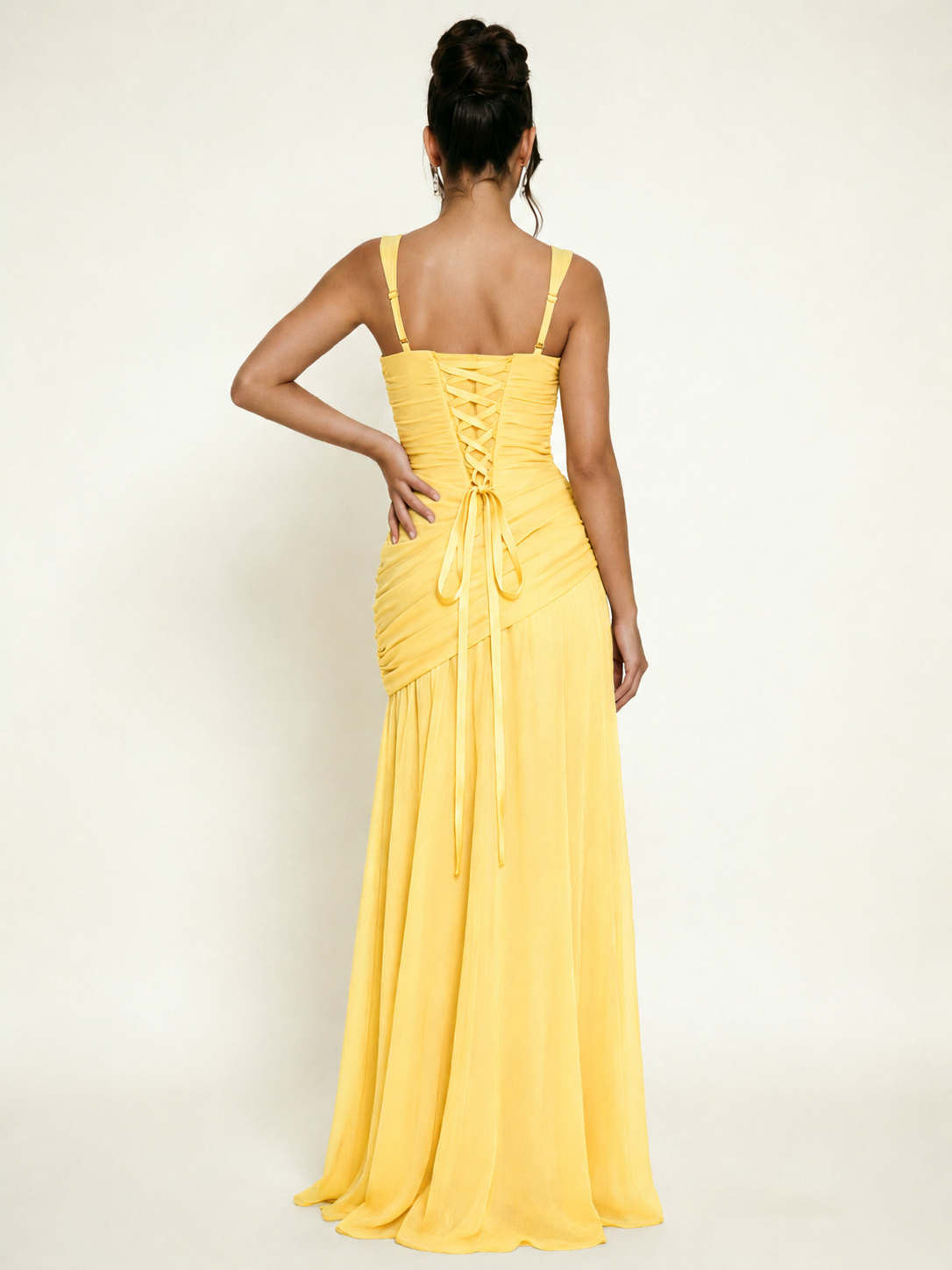 Adjustable Strap Shiny Draped Formal Maxi Dress with Corset Lace Up Back