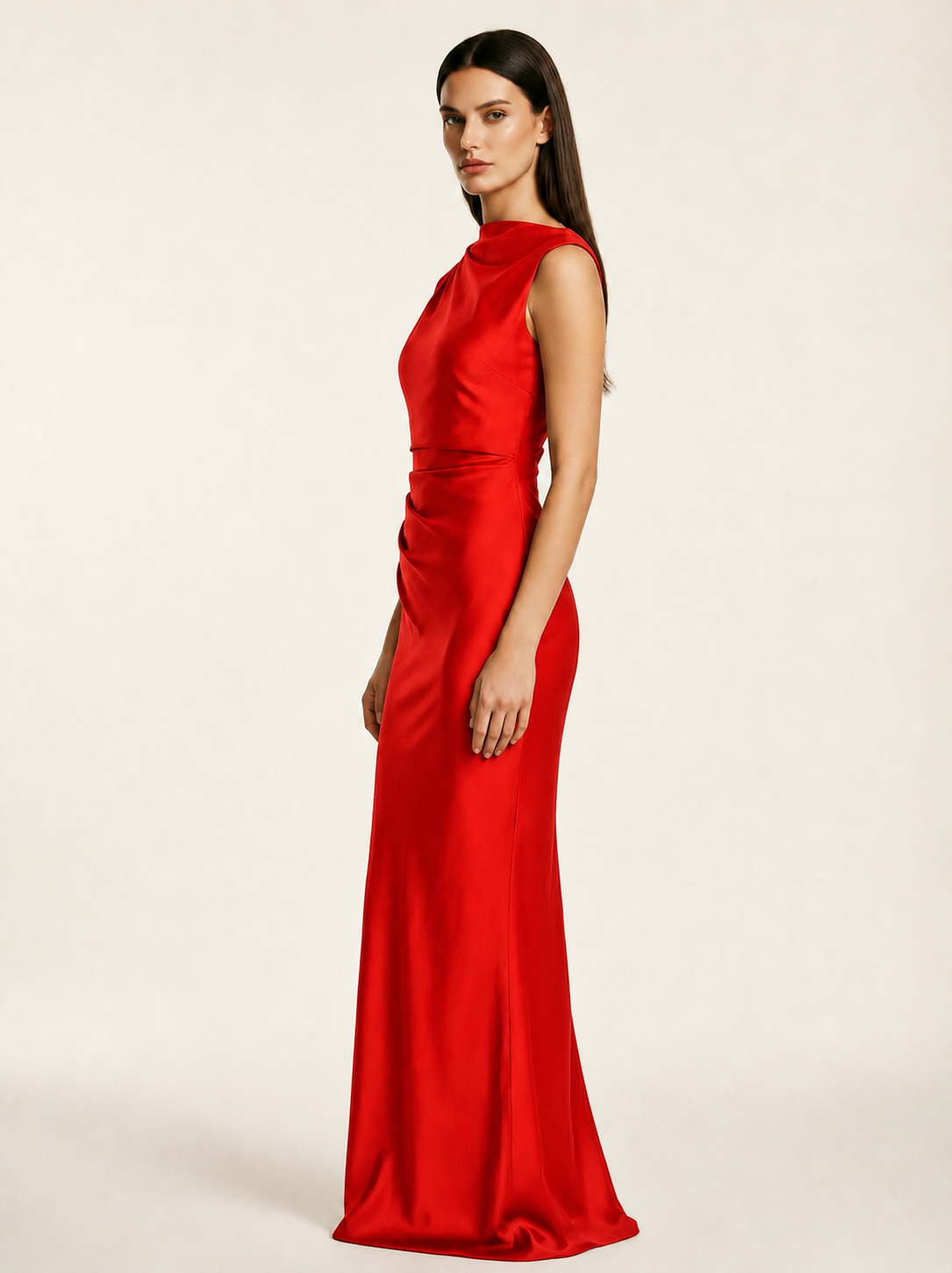 Sleeveless Draped Satin Mermaid Cutout Back Formal Dress