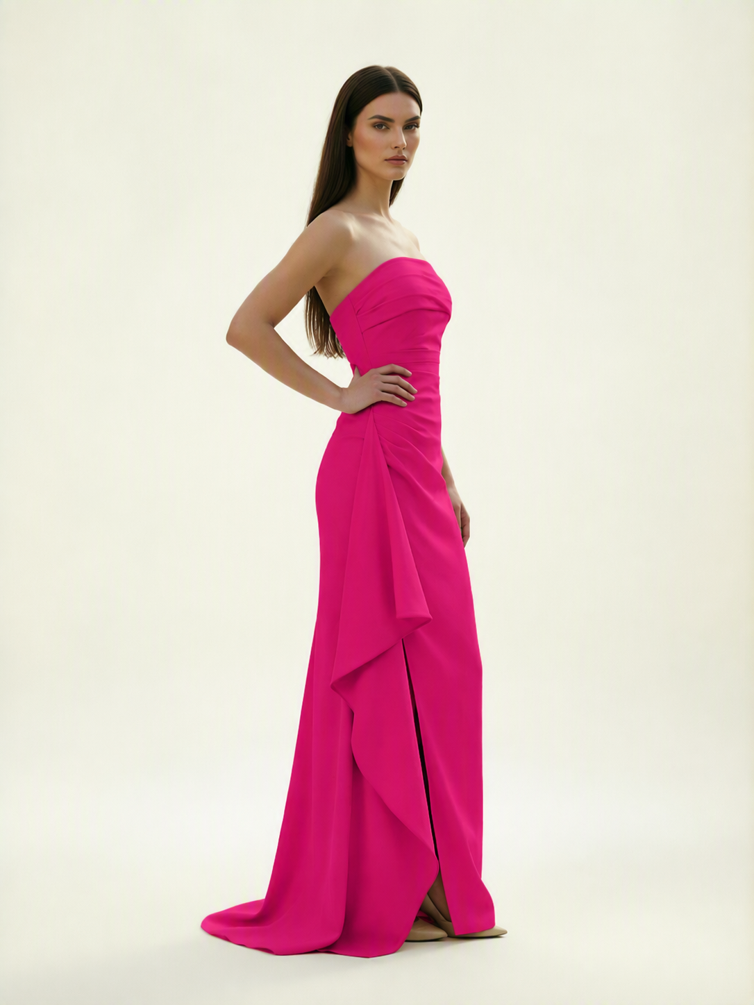 Strapless Mermaid Formal Gown with Side Slit & Draped Detail