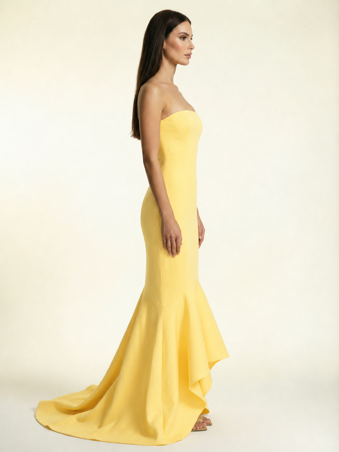 Strapless Satin Mermaid Dress With Ruffled Train & Lace-Up Back