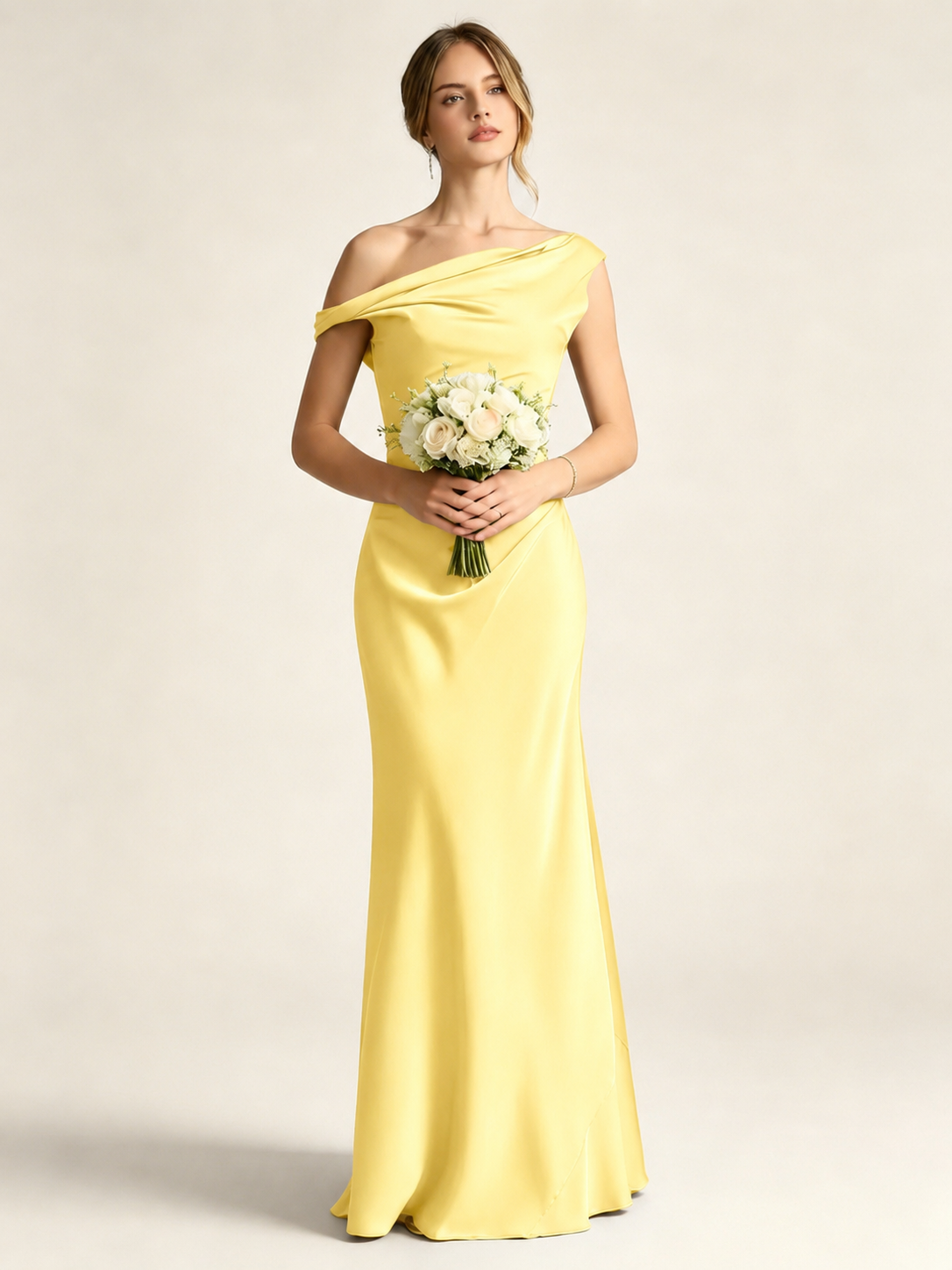Satin Mermaid Bridesmaid Maxi Dress, Asymmetrical Off Shoulder Ruched Waist Open Back