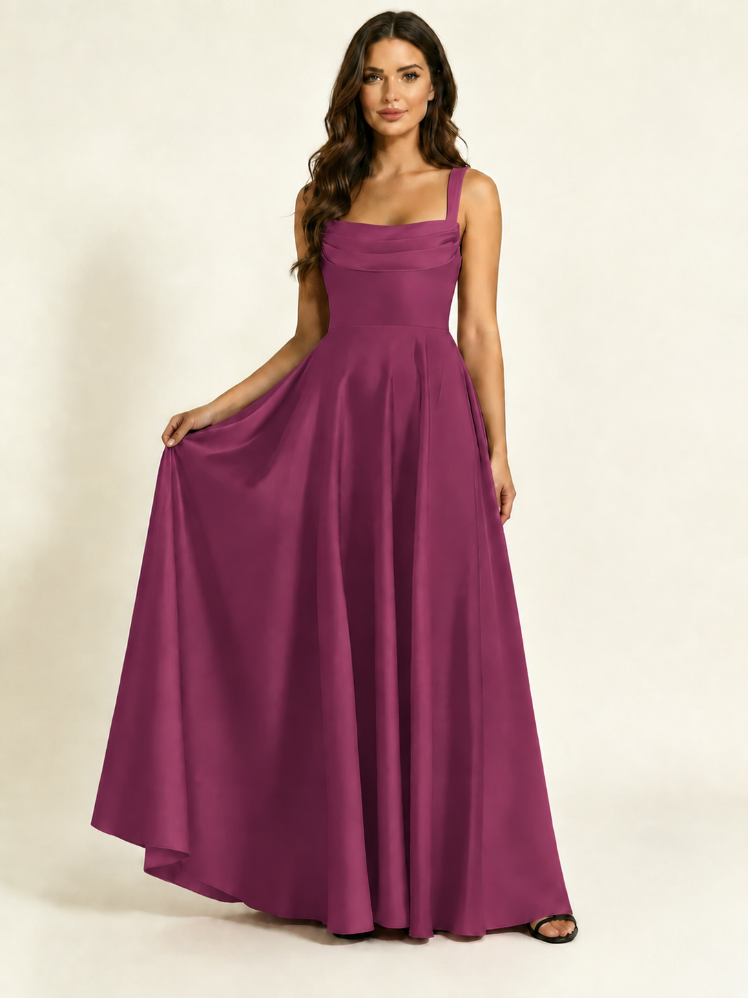 Satin Draped Cowl Square Neck A-Line Maxi Bridesmaid Dress