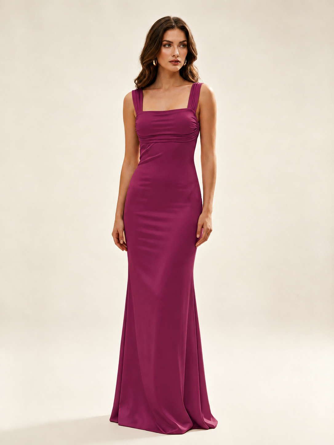 Satin Mermaid Bridesmaid Maxi Dress, Wide Strap Square Neck Cross Lace-Up Open Back