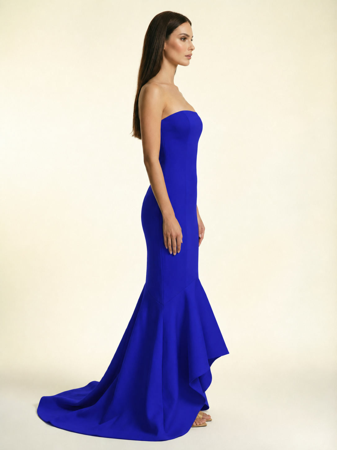 Strapless Satin Mermaid Dress With Ruffled Train & Lace-Up Back