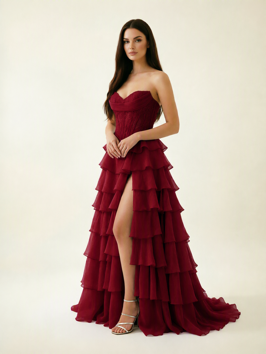 Strapless Lace Corset Tiered High Slit Prom Dress