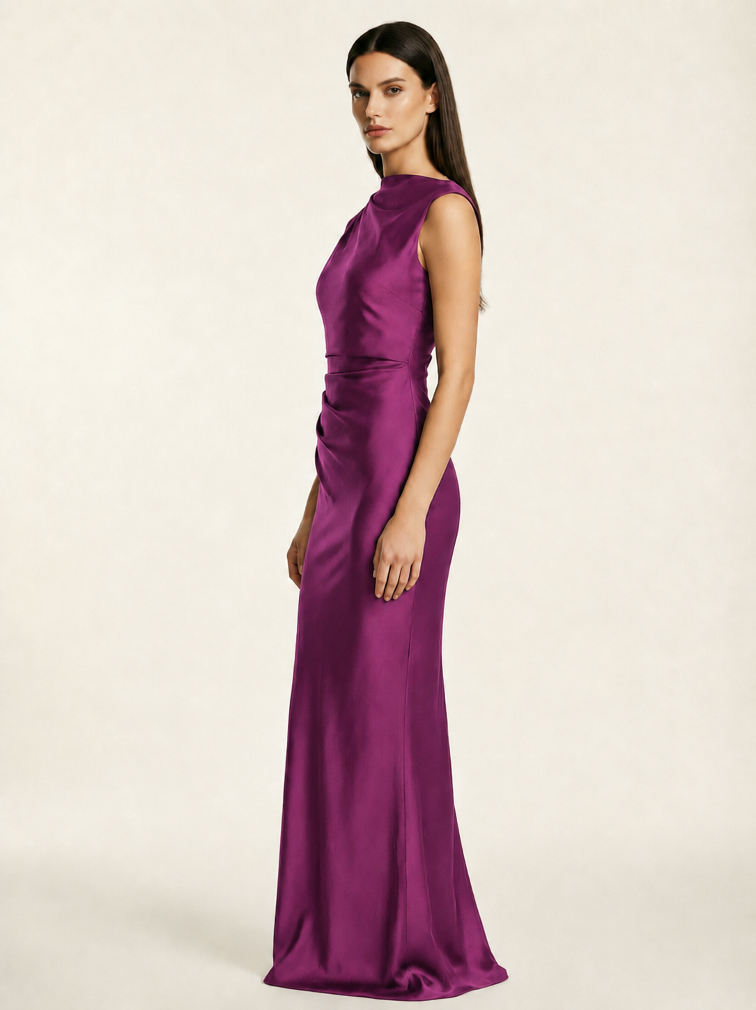 Sleeveless Draped Satin Mermaid Cutout Back Formal Dress